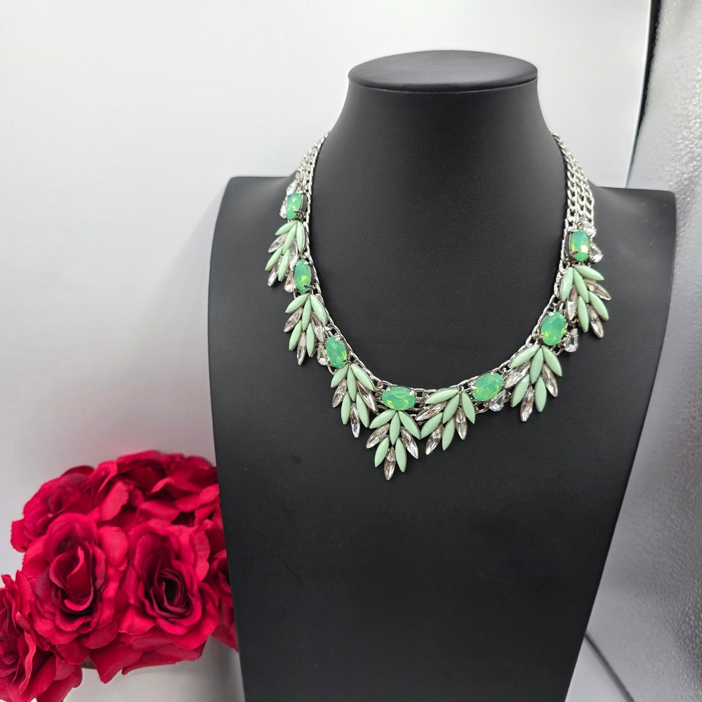 Mint Green Crystal Statement Collar Necklace Silver Tone Multi Strand Chain